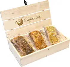 Tre laxar i en laxask Siljanslax