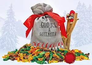 Julsäck Toffeemix fyra sorter 1000 g Tomtedans Grå God Jul