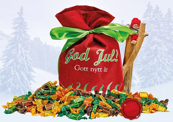 Julsäck Toffeemix fyra sorter 1000 g Tomtedans Röd God Jul